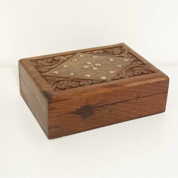Vintage Wooden Wood Keepsake Storage Trinket Jewelry Box with Gold Inlay - Picture 2 of 11
